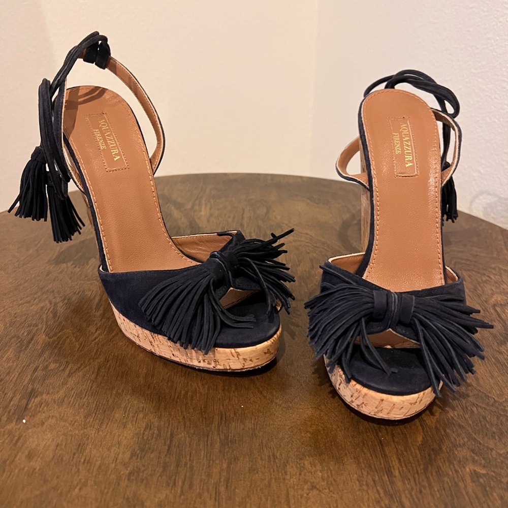 Aquazzura Wild Thing Navy Suede & Cork Ankle Wrap Wedges Sandals 37.5
